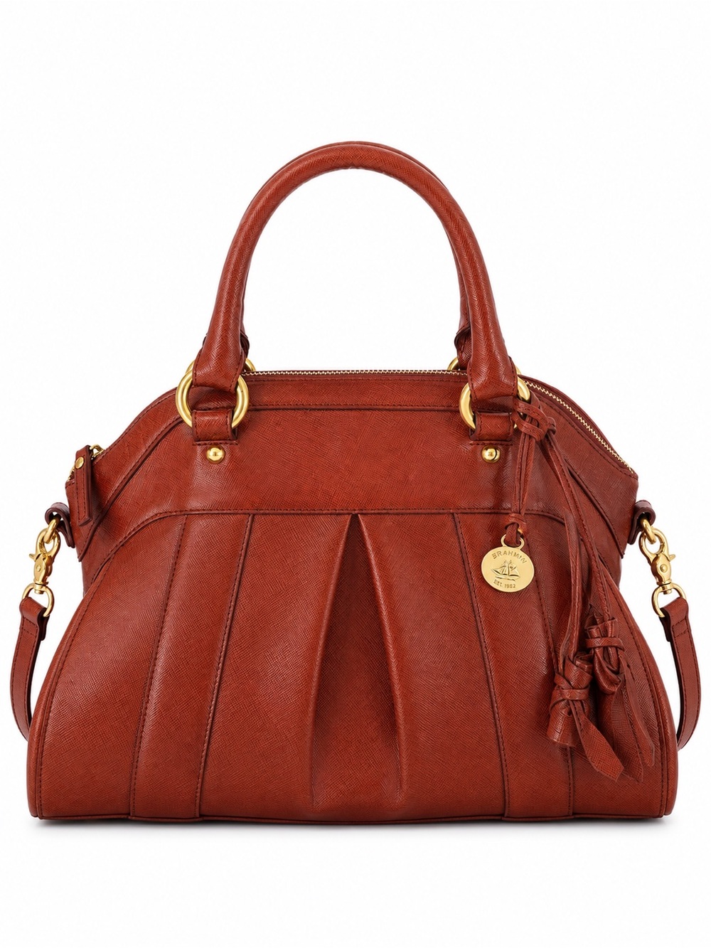 Brahmin Cognac Leather Satchel Top Handle Crossbody Shoulder Bag Tassel Purse - Picture 2 of 12